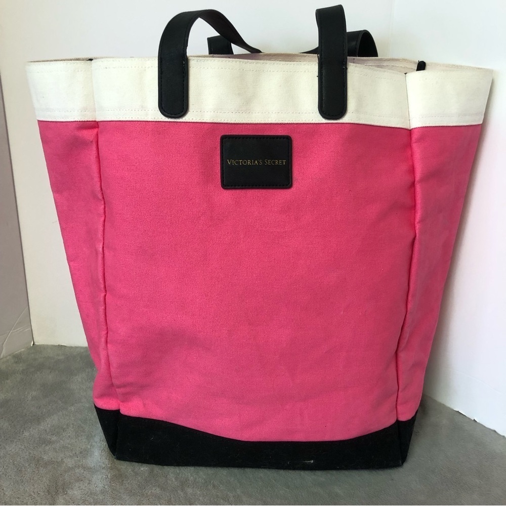 Victoria's Secret Large Weekender Beach Pink/Black/White Canvas Tote Bag